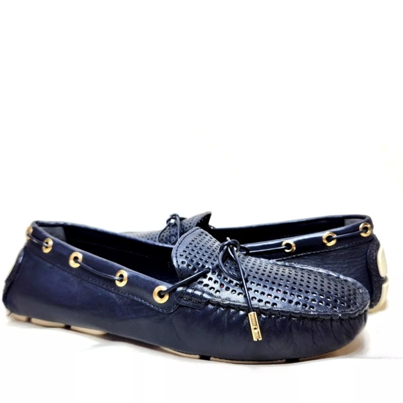 TORY BURCH Perforated Leather Driving Mocs Sz 8 Navy Blue Driver Boat Loafers - Picture 2 of 13